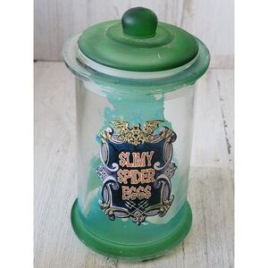 Green glass container AS IS slimy spiders eggs container Halloween home decor ja